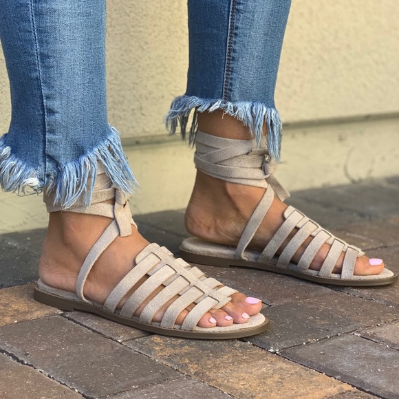 Buckle Shoes - Taupe Ankle Wrap Gladiator Style Woven Sandals